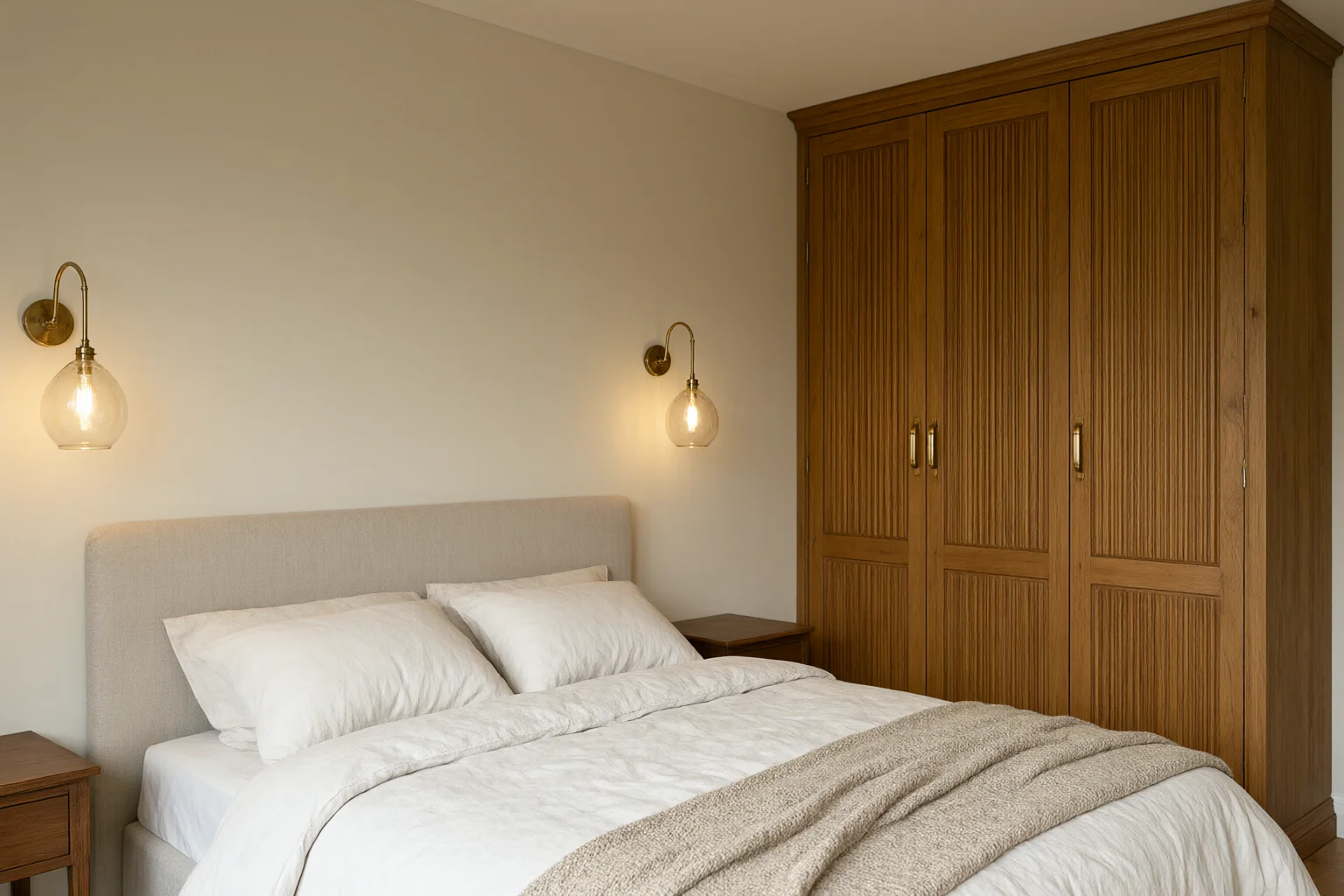 Residential bedroom with upholstered linen headboard, fluted timber wardrobe and brass wall sconces at 2700K