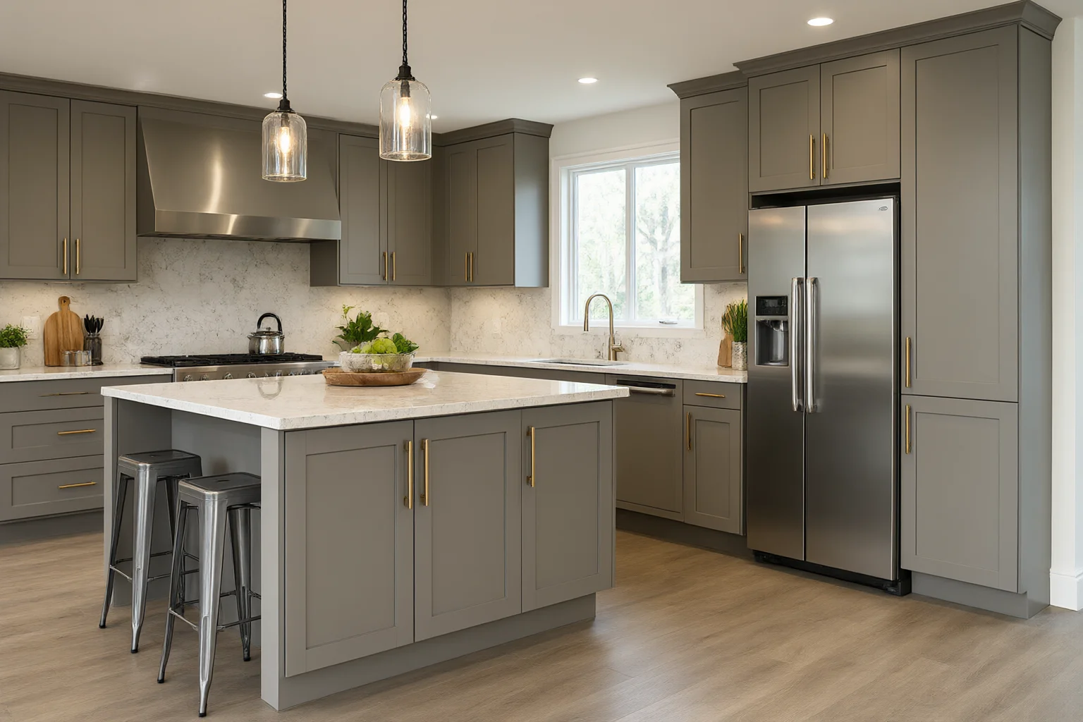Residential kitchen with painted cabinetry, quartz island worktop, brushed brass handles and a sealed stone splashback