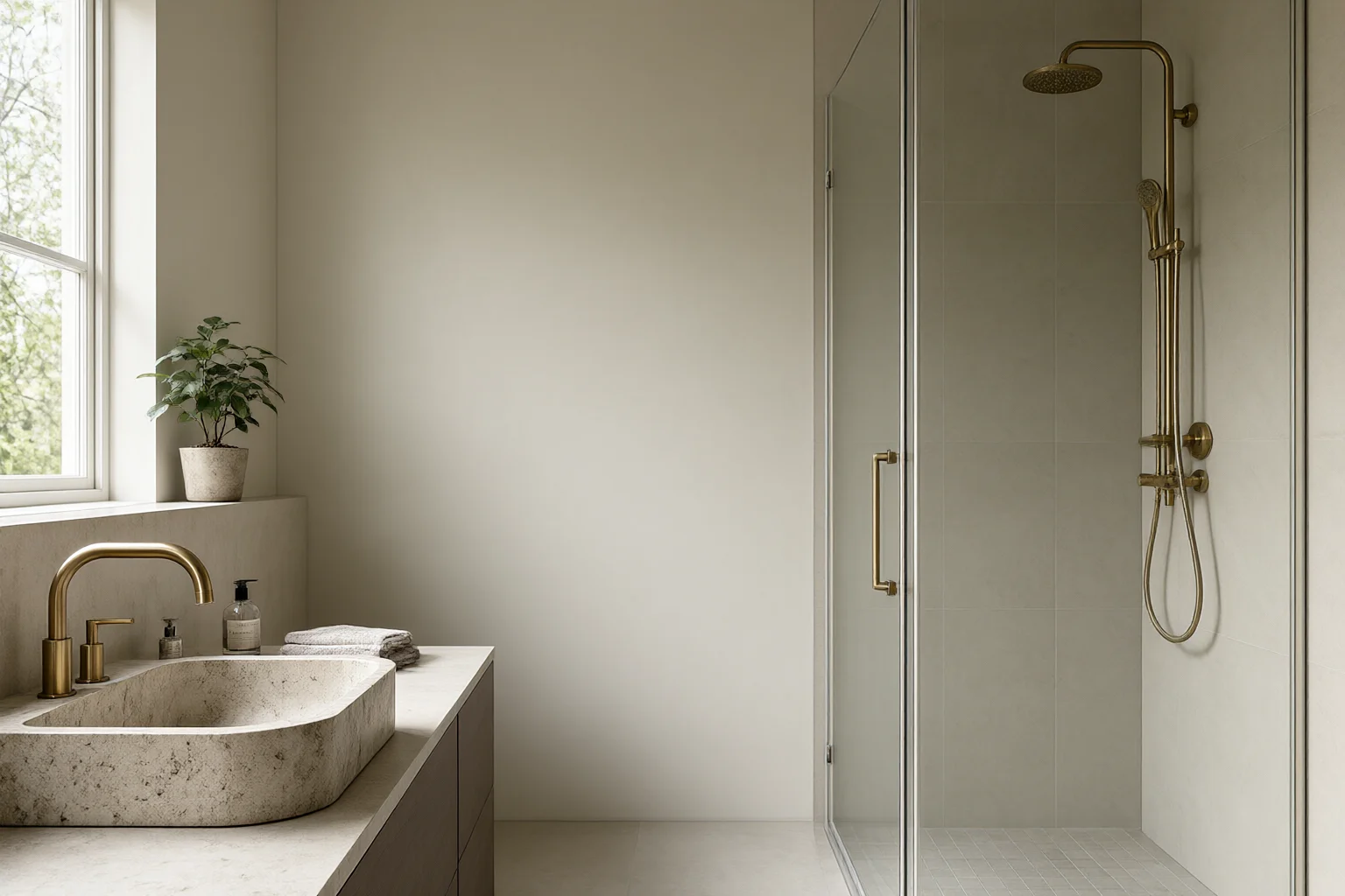 Residential bathroom with stone basin, brushed brass tapware, large-format porcelain tile and glass walk-in shower