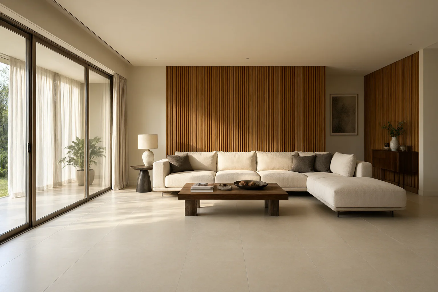Residential interior design living room with a fluted timber feature wall, linen sofa and large-format porcelain floor in a warm-climate villa