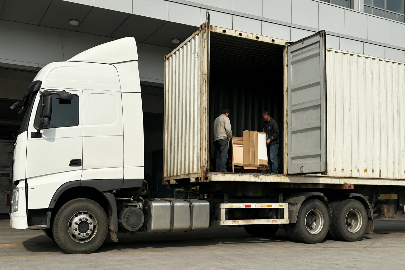 A 40-foot container on a tractor trailer being loaded by two crew with the Seattle senior-care package: flat-pack cabinetry, doors and glazing