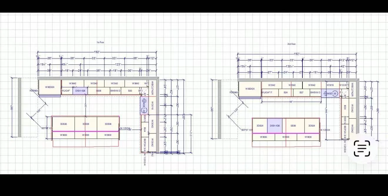 Proposed kitchen casework layout for a Seattle senior-care residence, drawn in imperial units