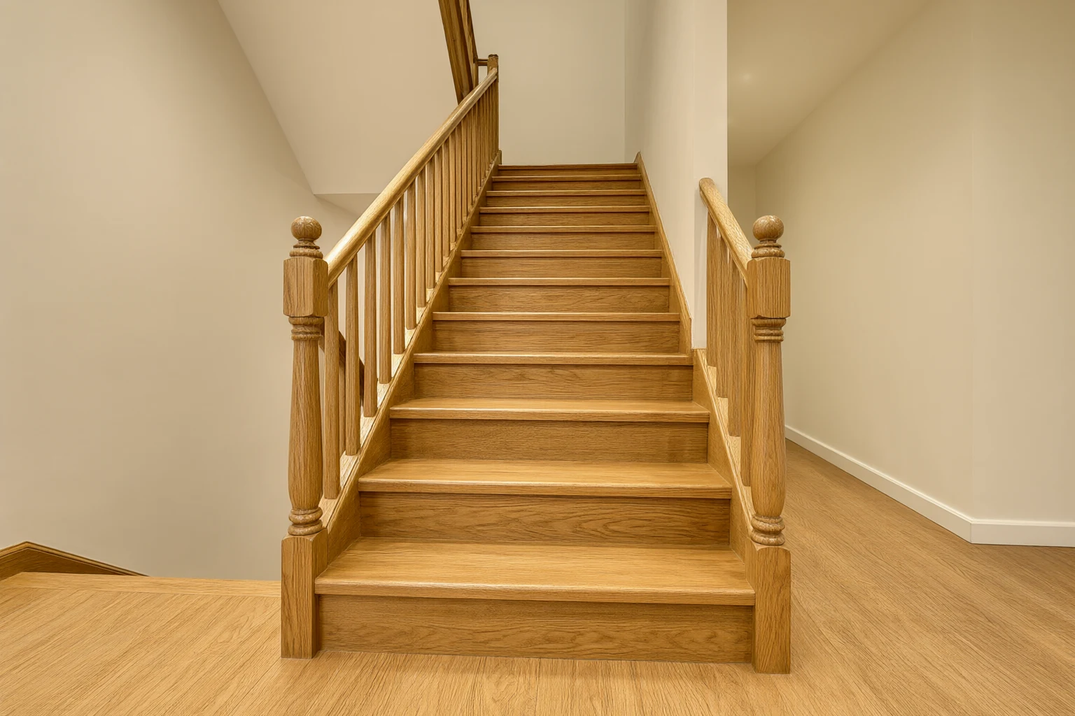 Composite wood flooring with oak open staircase in a senior-care interior
