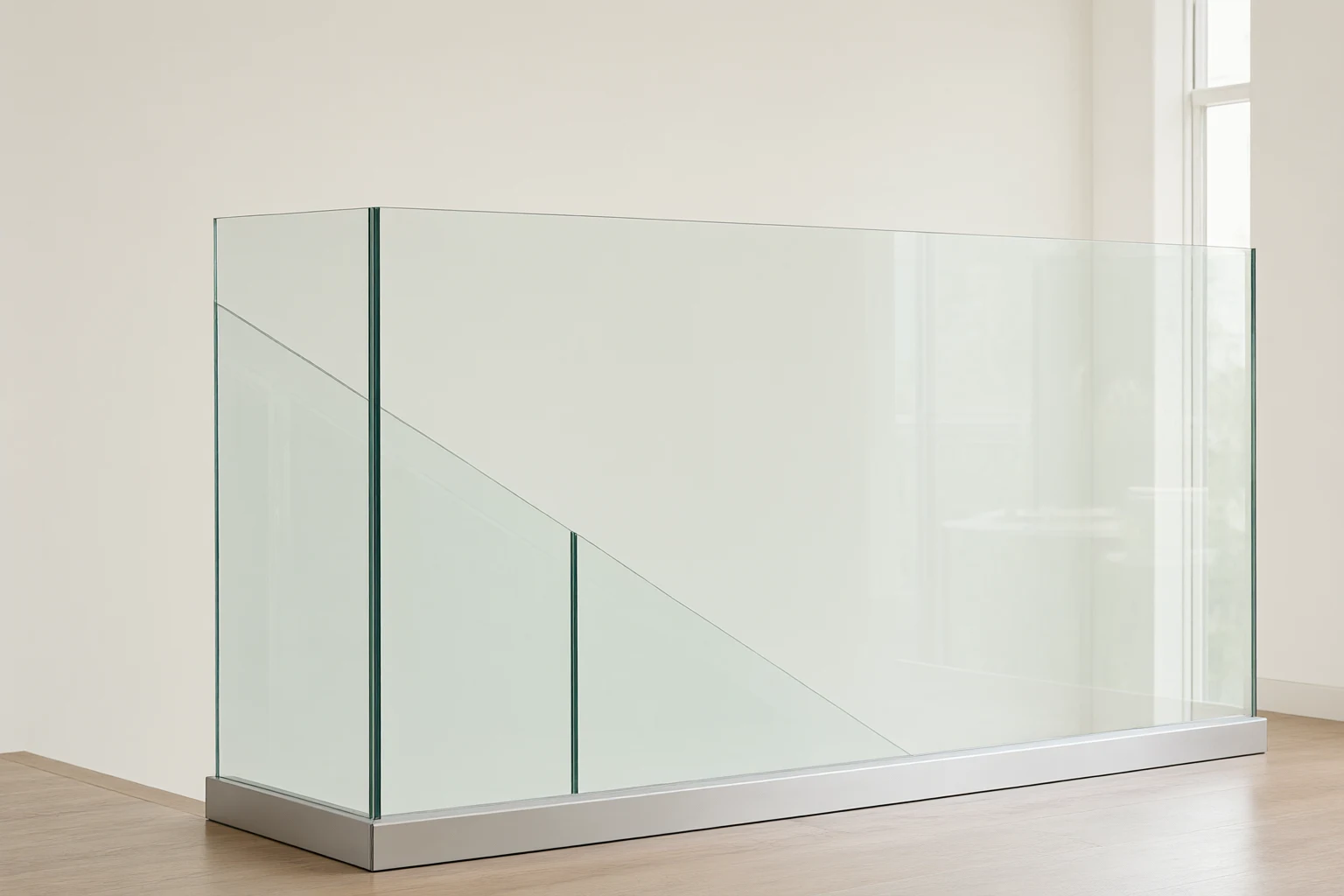 Base-shoe glass balustrade with aluminum channel and stainless top rail