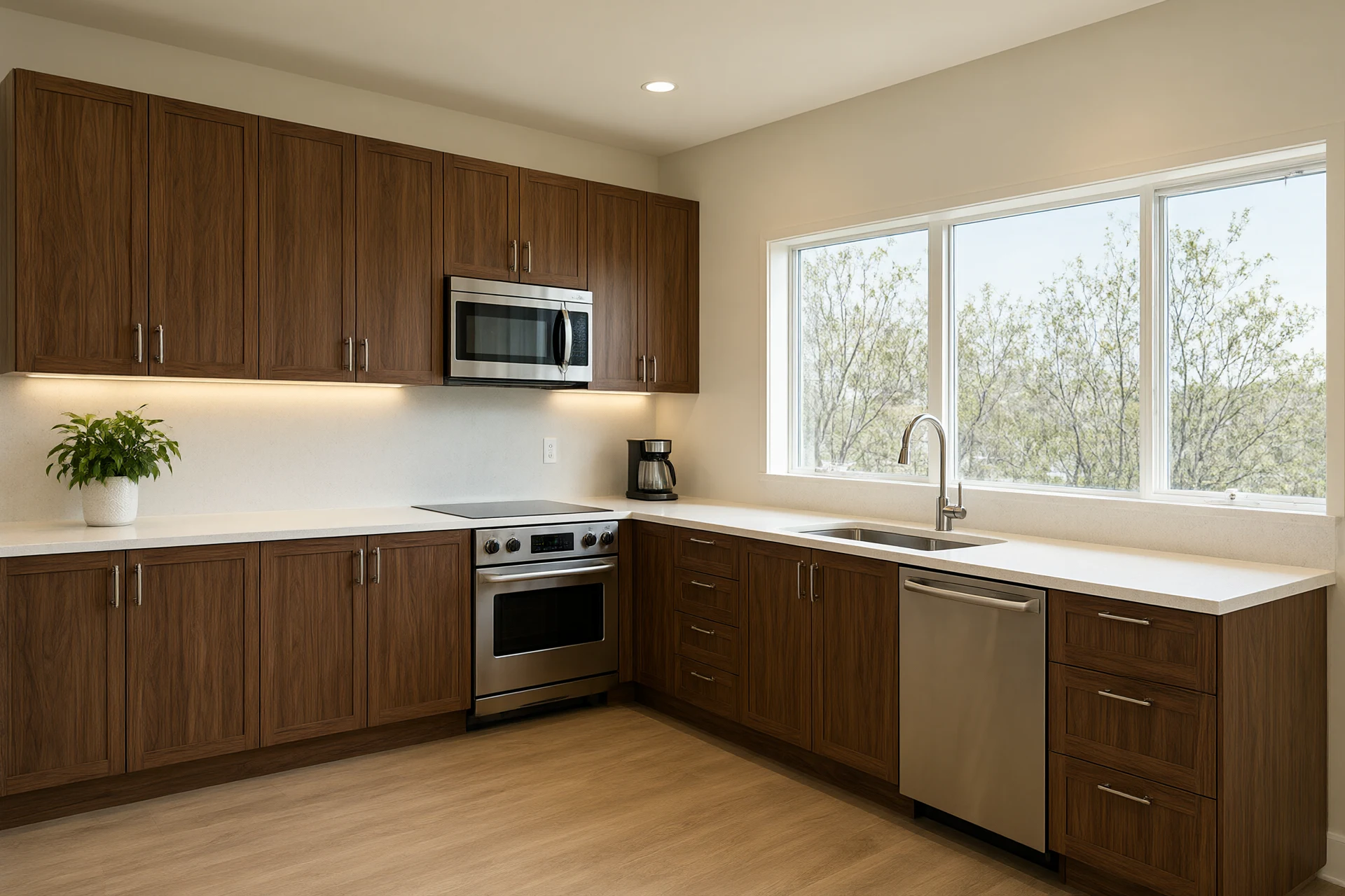 Bright senior-care kitchen with custom walnut cabinetry and white quartz countertops, large daylight windows