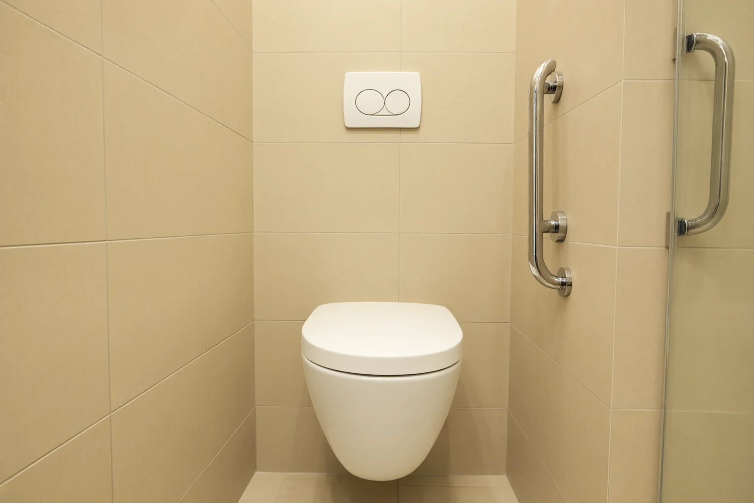 Senior-friendly bathroom with wall-hung smart toilet and grab rail