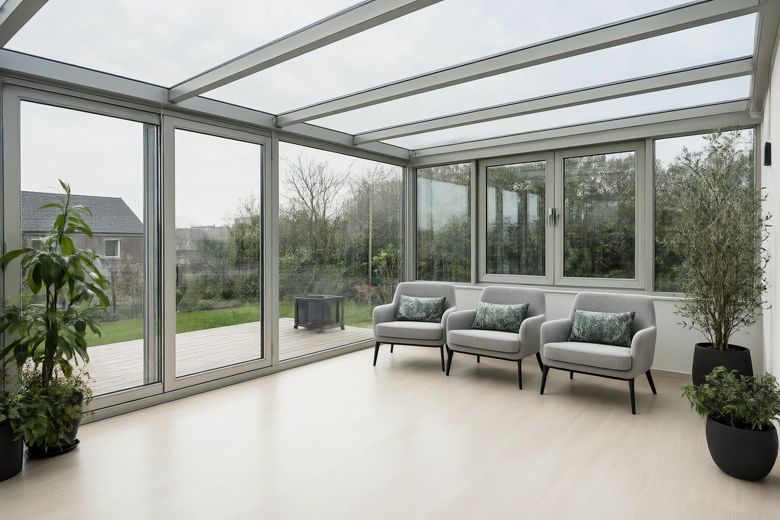 Glazed sunroom dayroom with aluminum frame and lounge seating