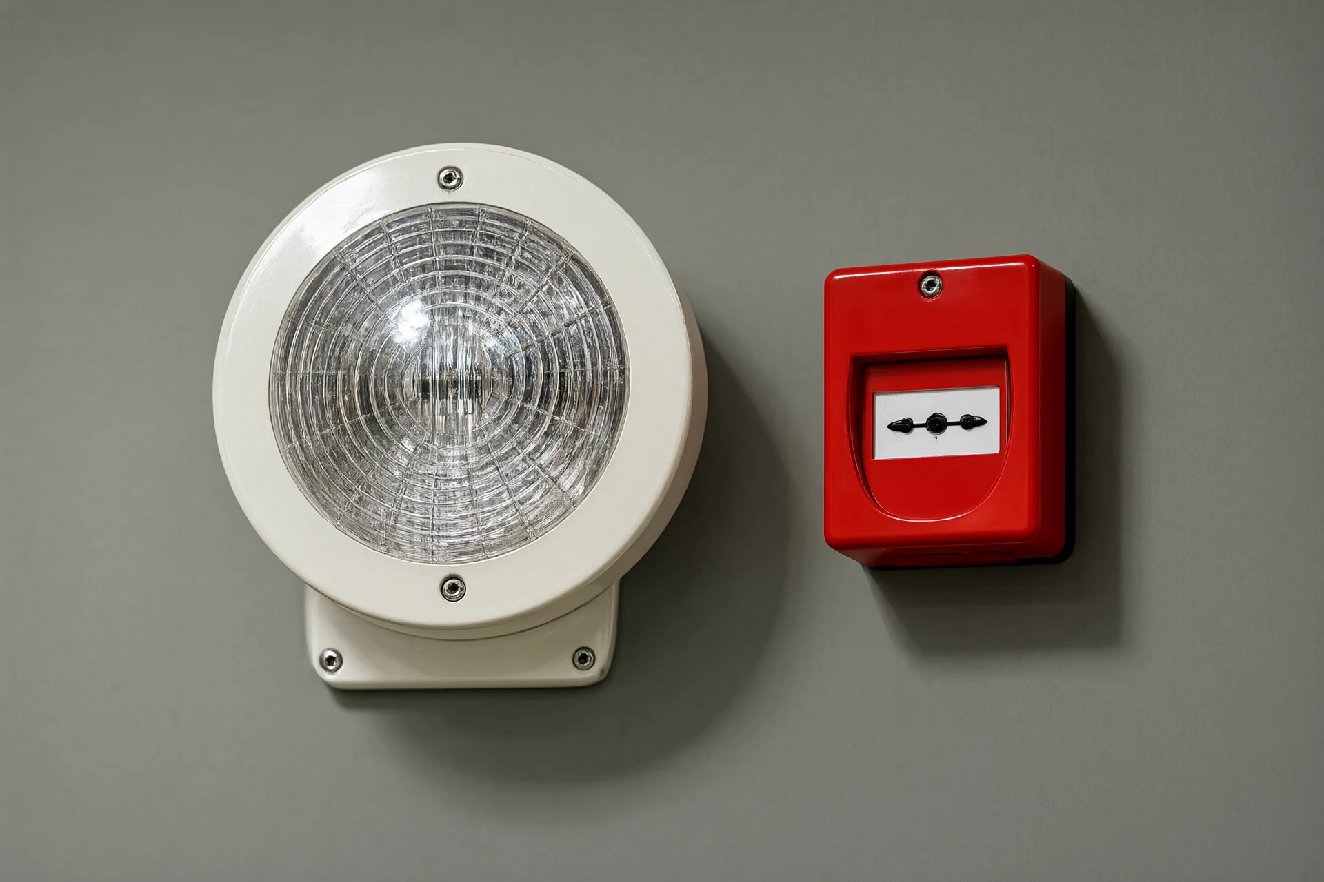 Wall-mounted horn strobe fire alarm and red manual call point, brushed-finish product shot
