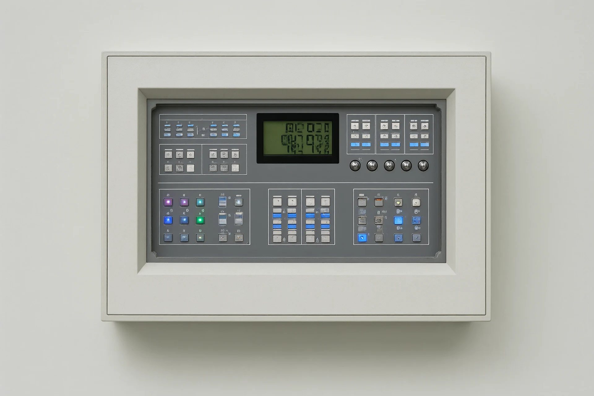 Fire alarm control panel in an equipment room with LED display and indicator lights