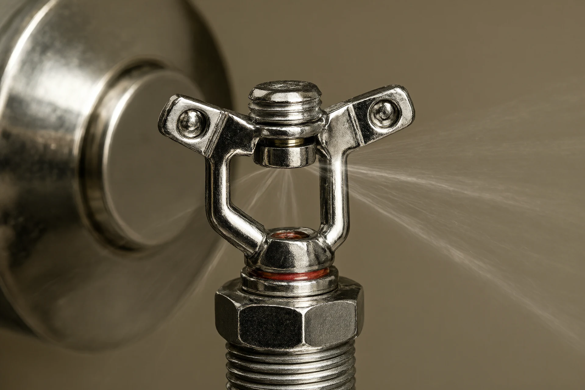 Stainless steel sprinkler head close-up with polished metal and water spray