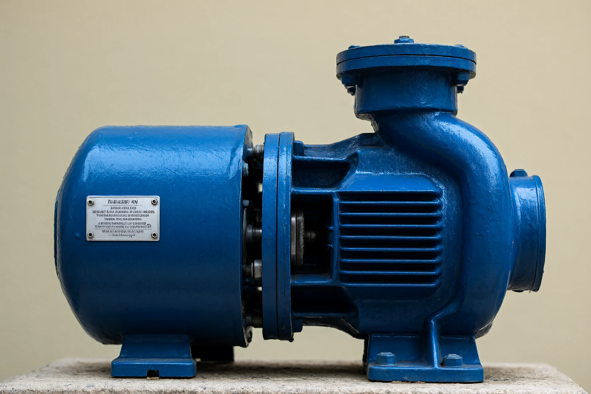 Horizontal electric fire pump close up with blue painted casing and nameplate