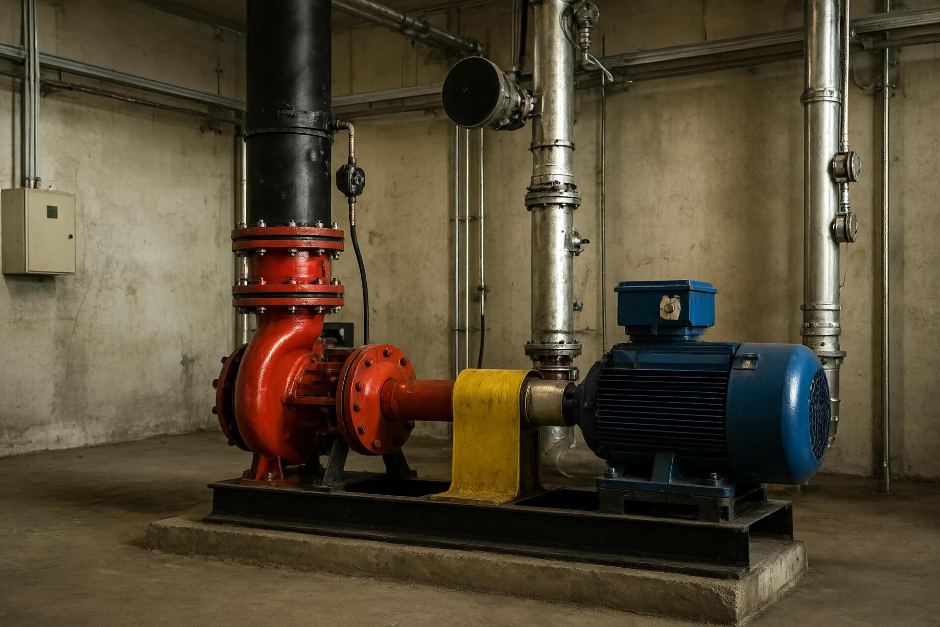 Commercial building fire pump room with horizontal fire pumps installed on a clean concrete floor