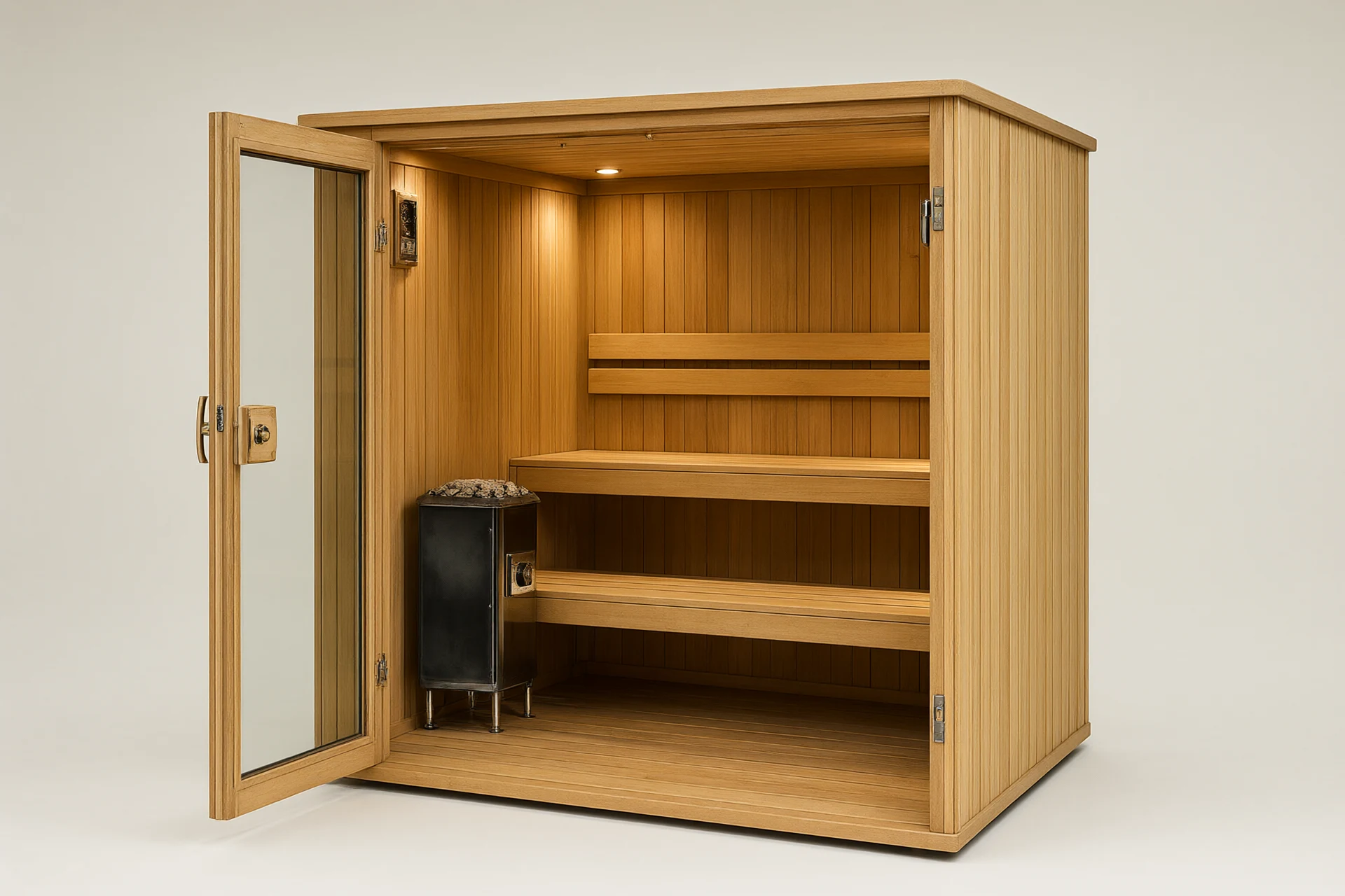 Residential commercial sauna cabin with hemlock wood bench and electric sauna stove
