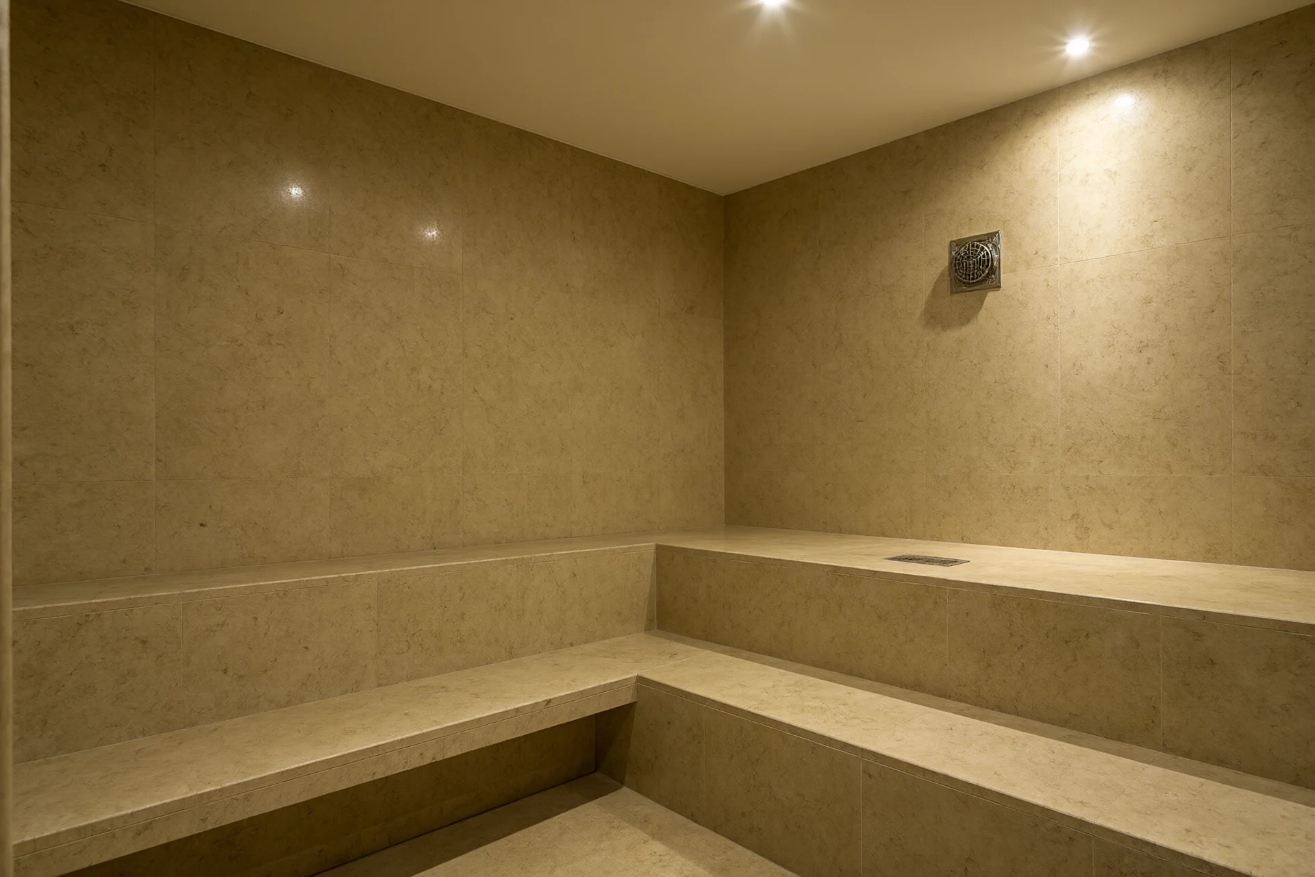 Steam room interior with travertine stone bench and soft spa lighting
