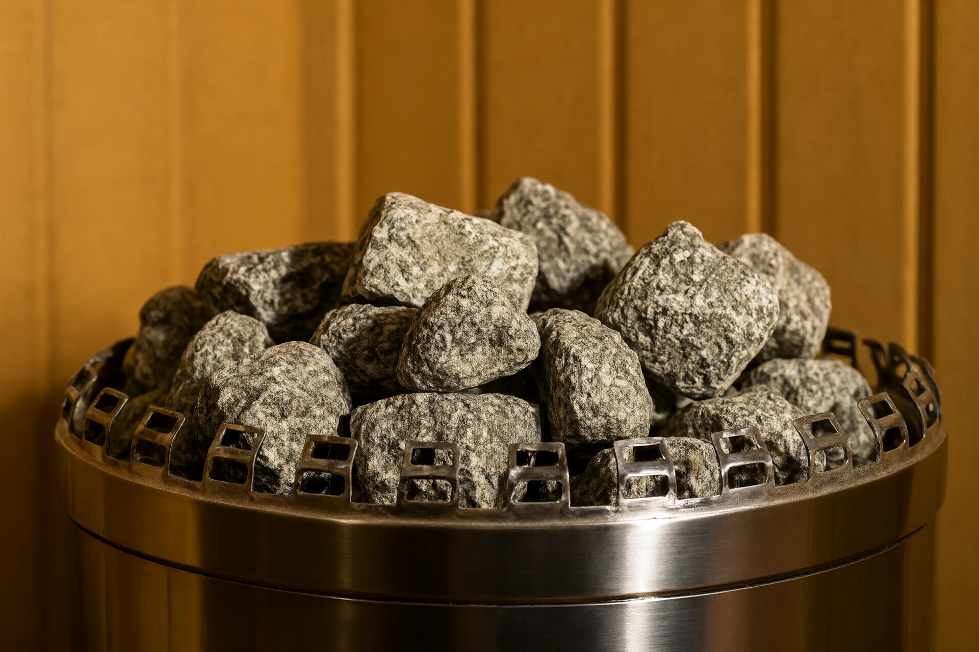 Electric sauna heater stove close up with sauna stones and stainless steel body