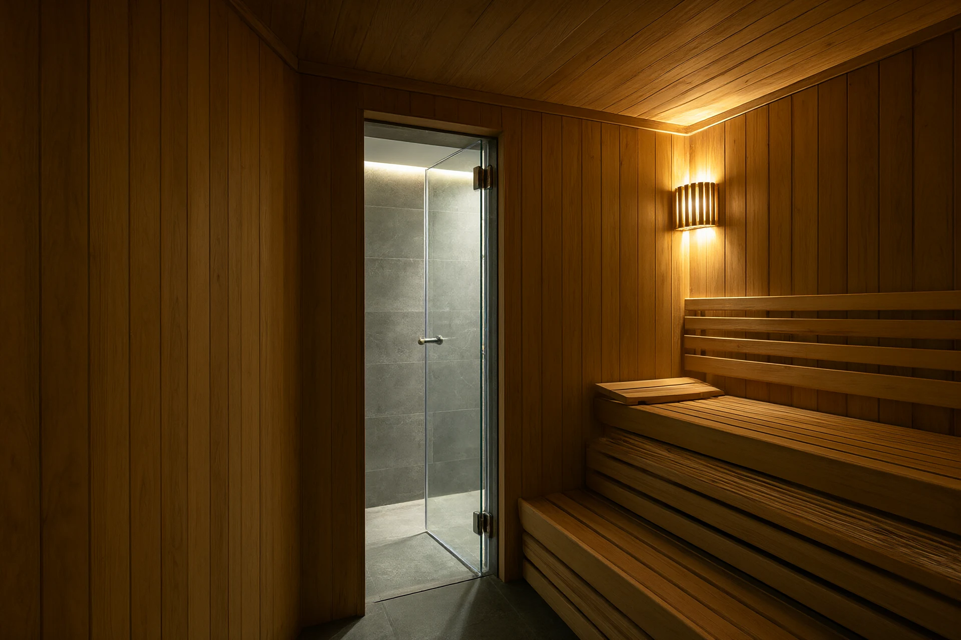 Modern luxury hotel resort sauna room interior with hemlock wood walls and warm ambient lighting