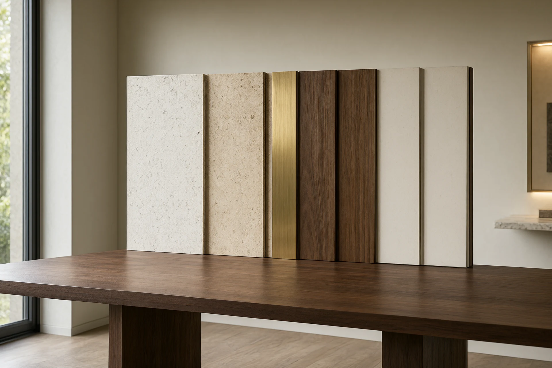 Turnkey interior design material sample board with sintered stone, travertine, brass and walnut