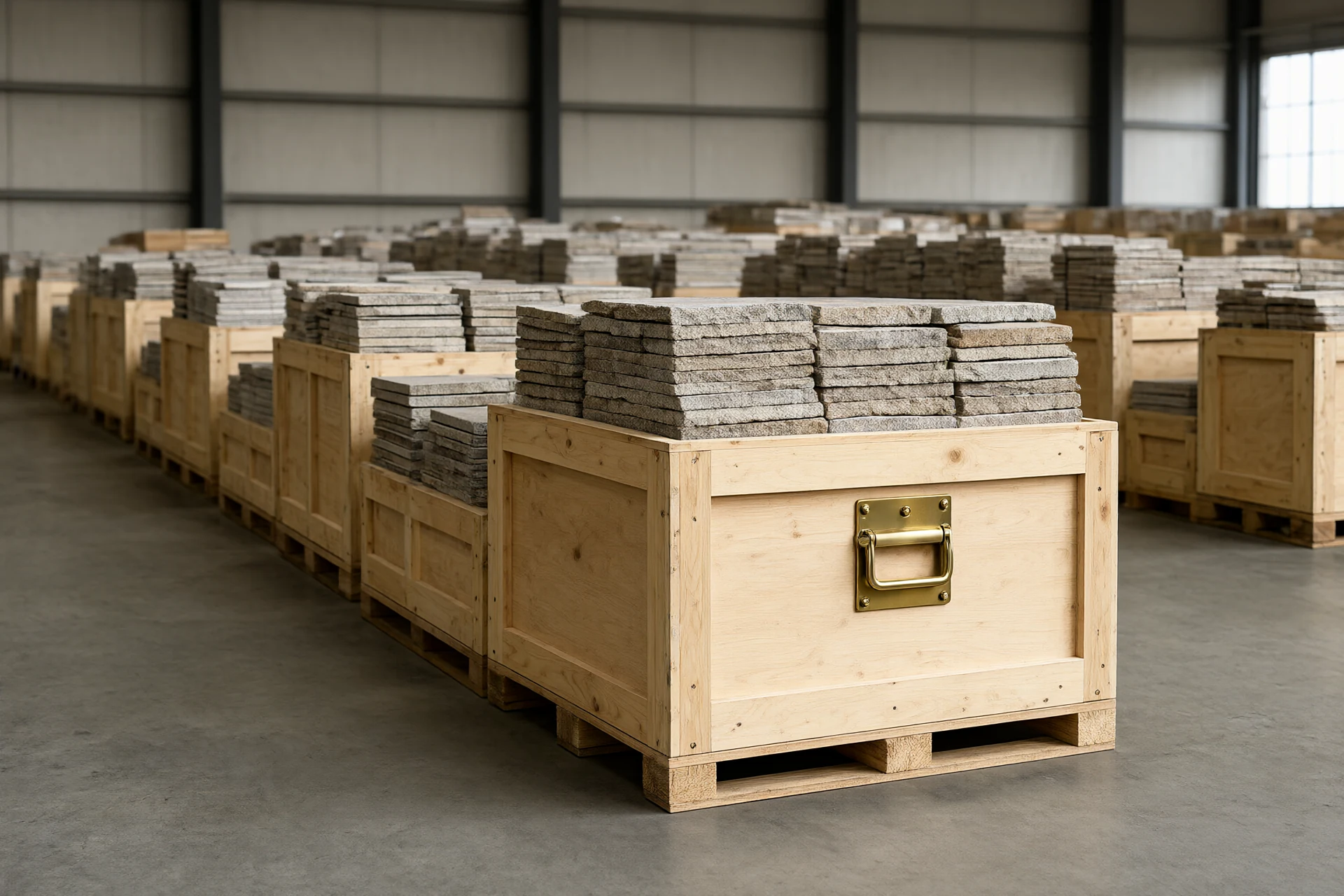 Packing hall with numbered crates of stone and tile ready for container loading