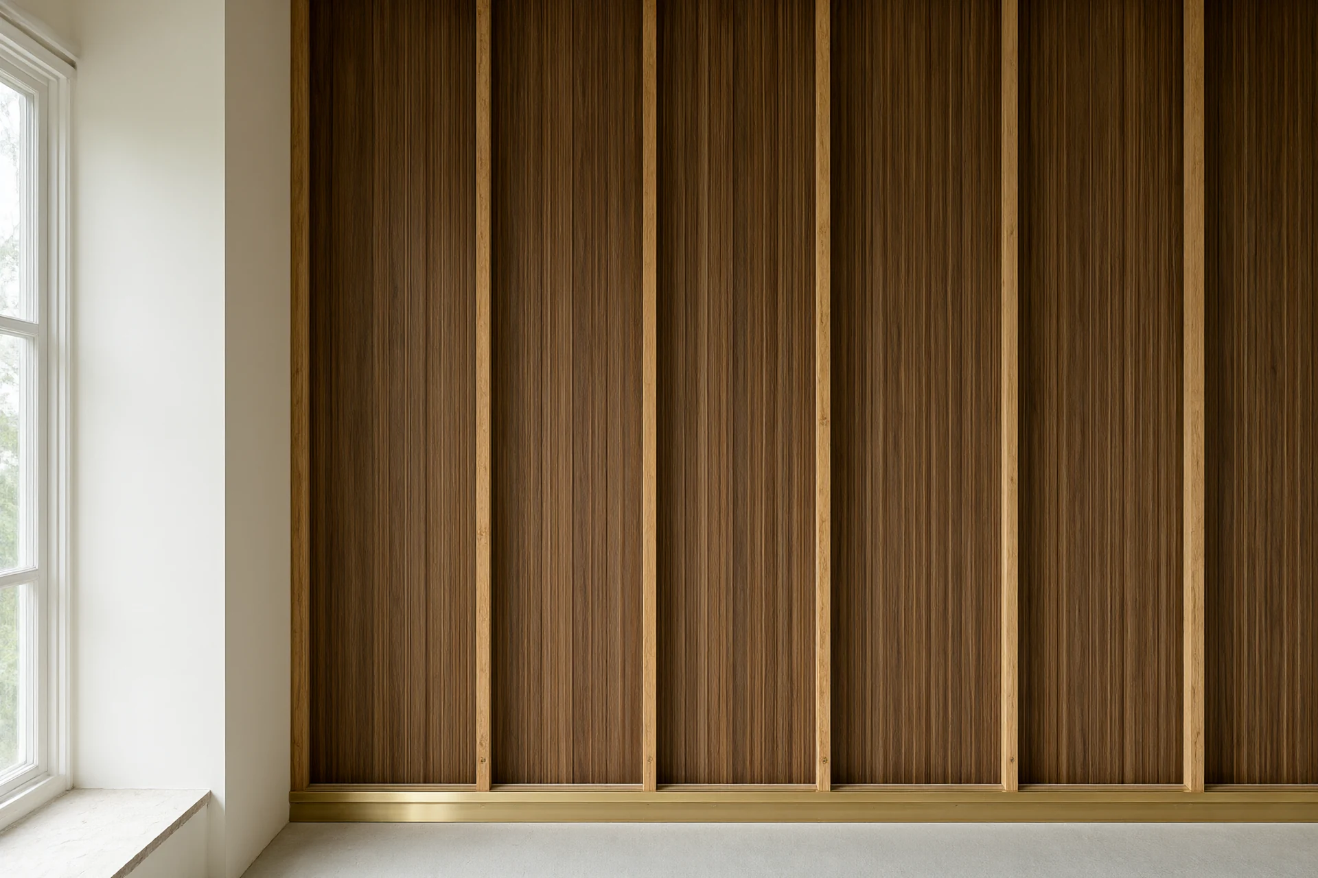 Fluted walnut wall panels being installed on battens with a brass reveal channel