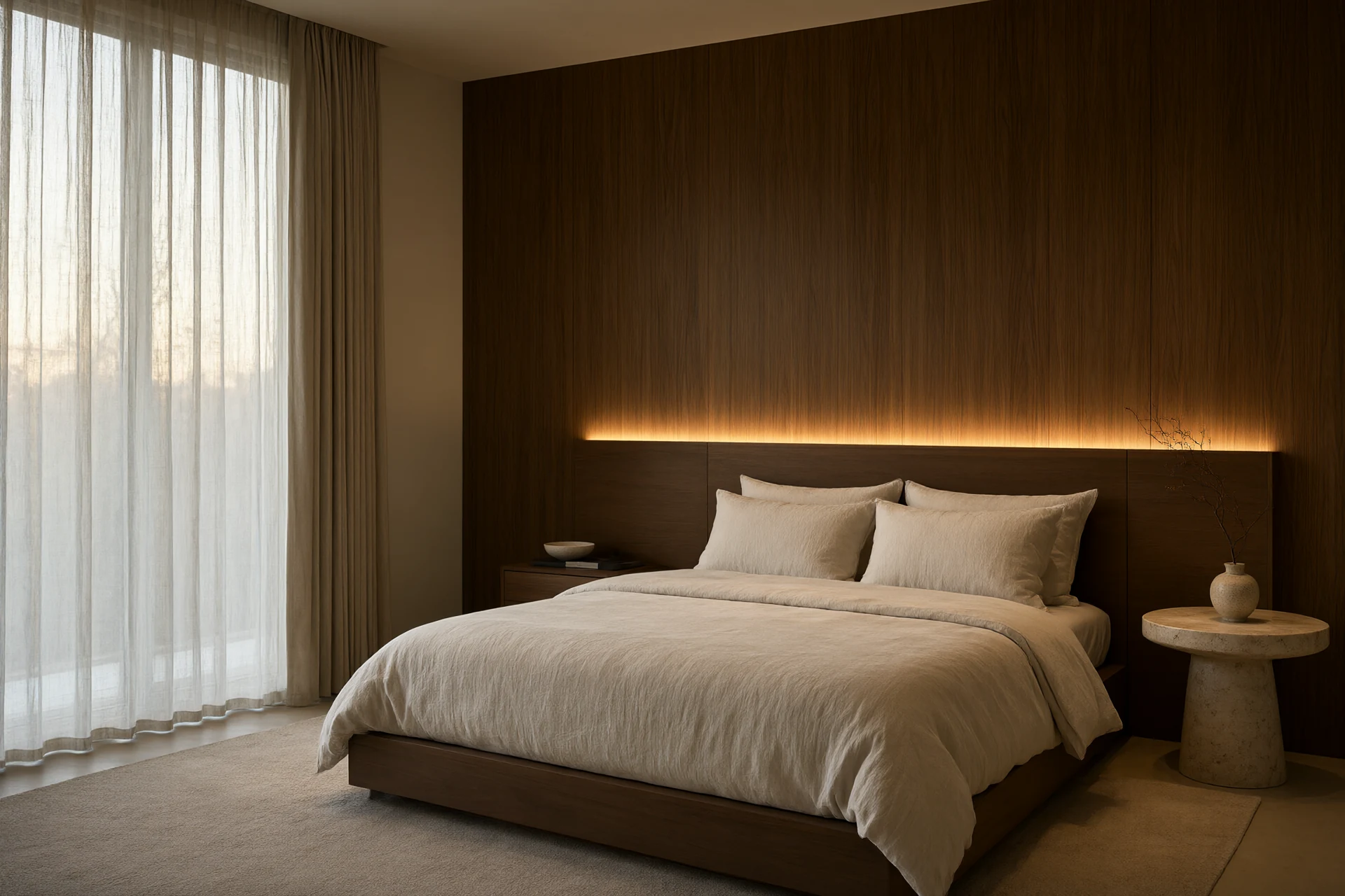 Handover condition bedroom with walnut headboard wall, warm cove lighting and linen