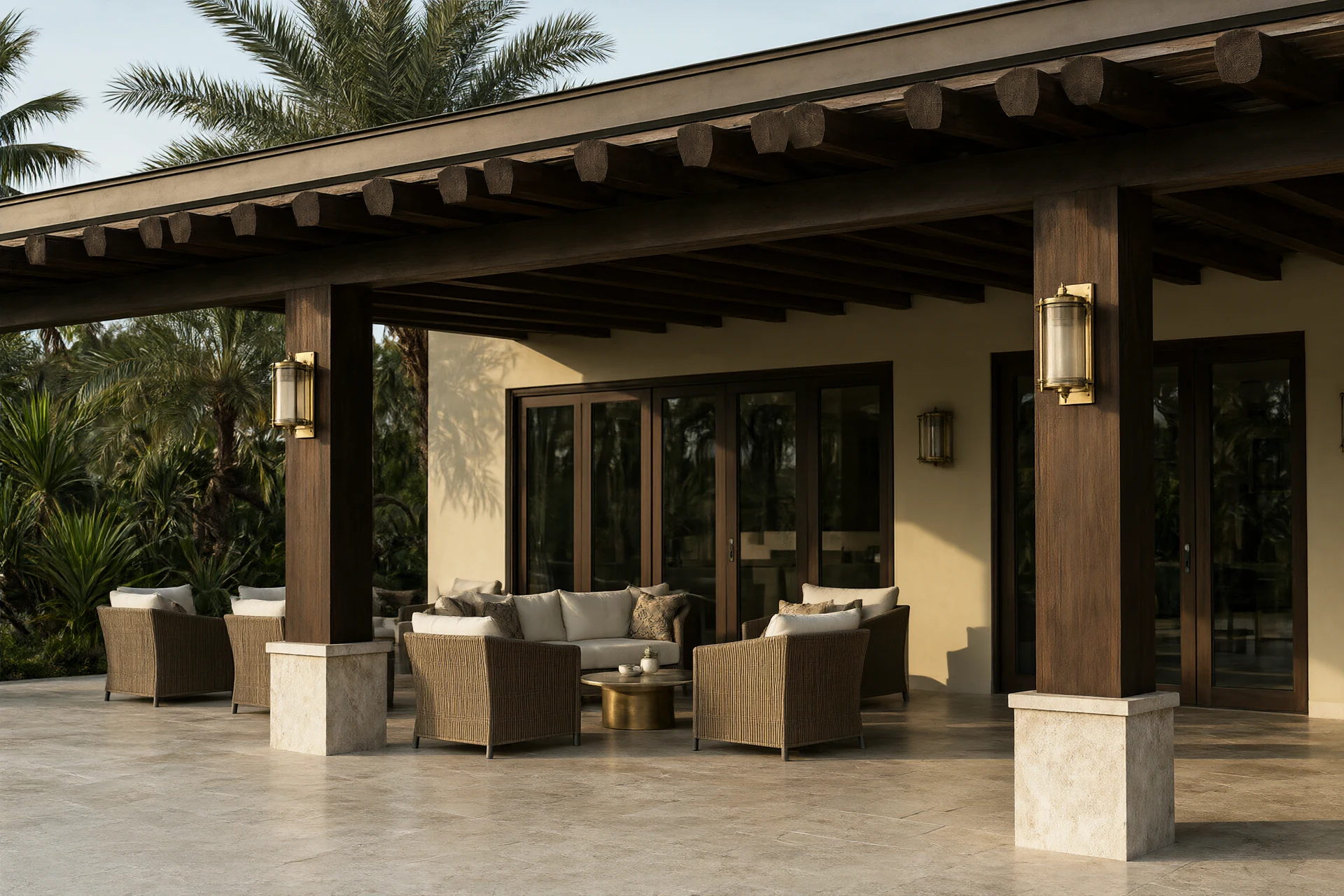 Shaded terrace with travertine paving, timber pergola and a brass lantern rated for coastal air