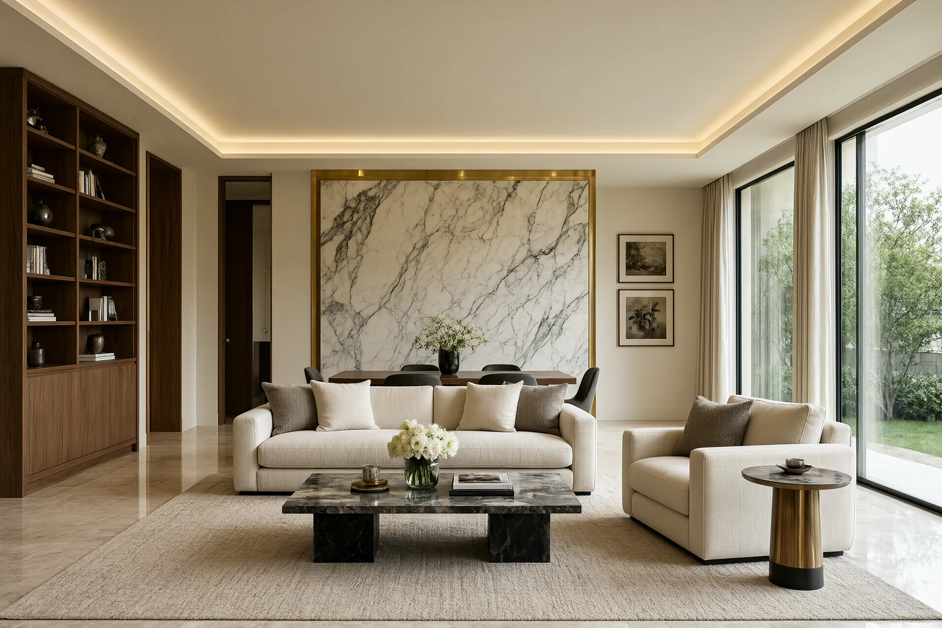 Turnkey interior design show residence with bookmatched marble wall, brass trim and walnut joinery
