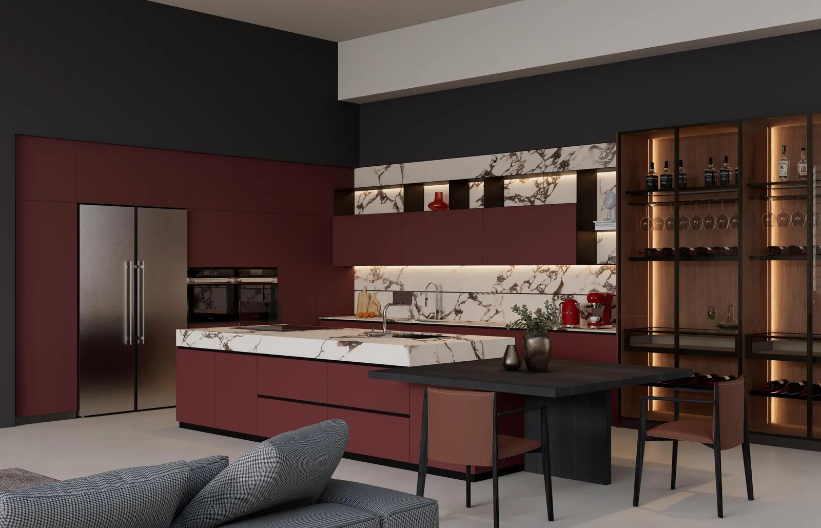Custom kitchen cabinetry with marble worktops and integrated appliances, supplied from Foshan, China